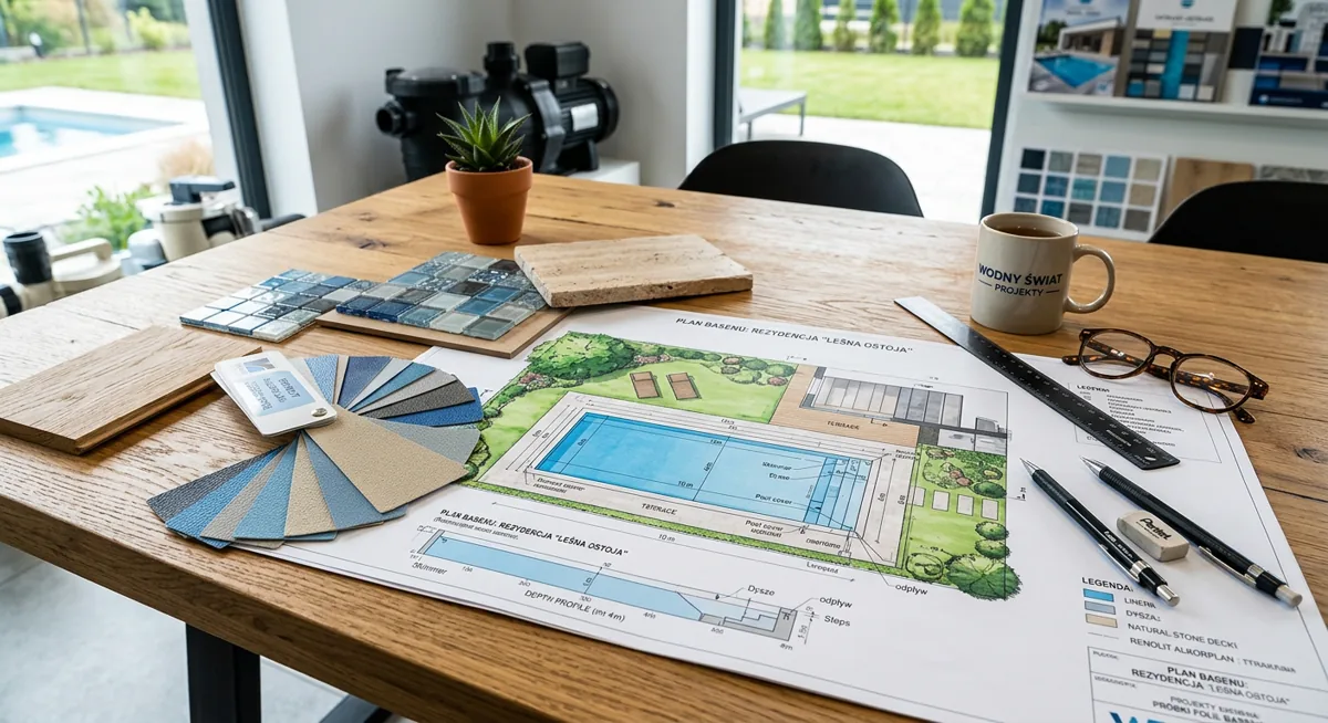 Poolplanung mit Folienmustern und Materialproben